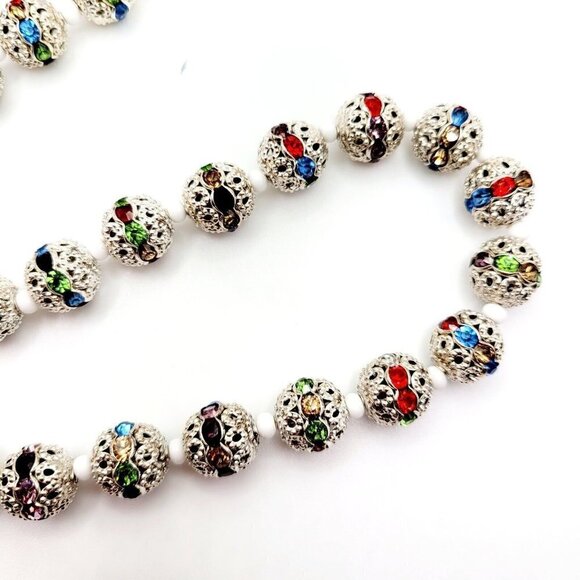 Filigree & Rhinestone Crystal Beaded Necklace 28" Toggle Clasp Silver Tone EUC - Picture 5 of 9